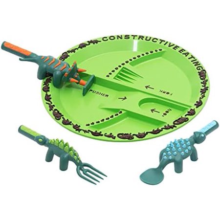 Plate and Utensils Set - USA-Made Toddler Dinnerware with Divided Plates (Dinosaur)