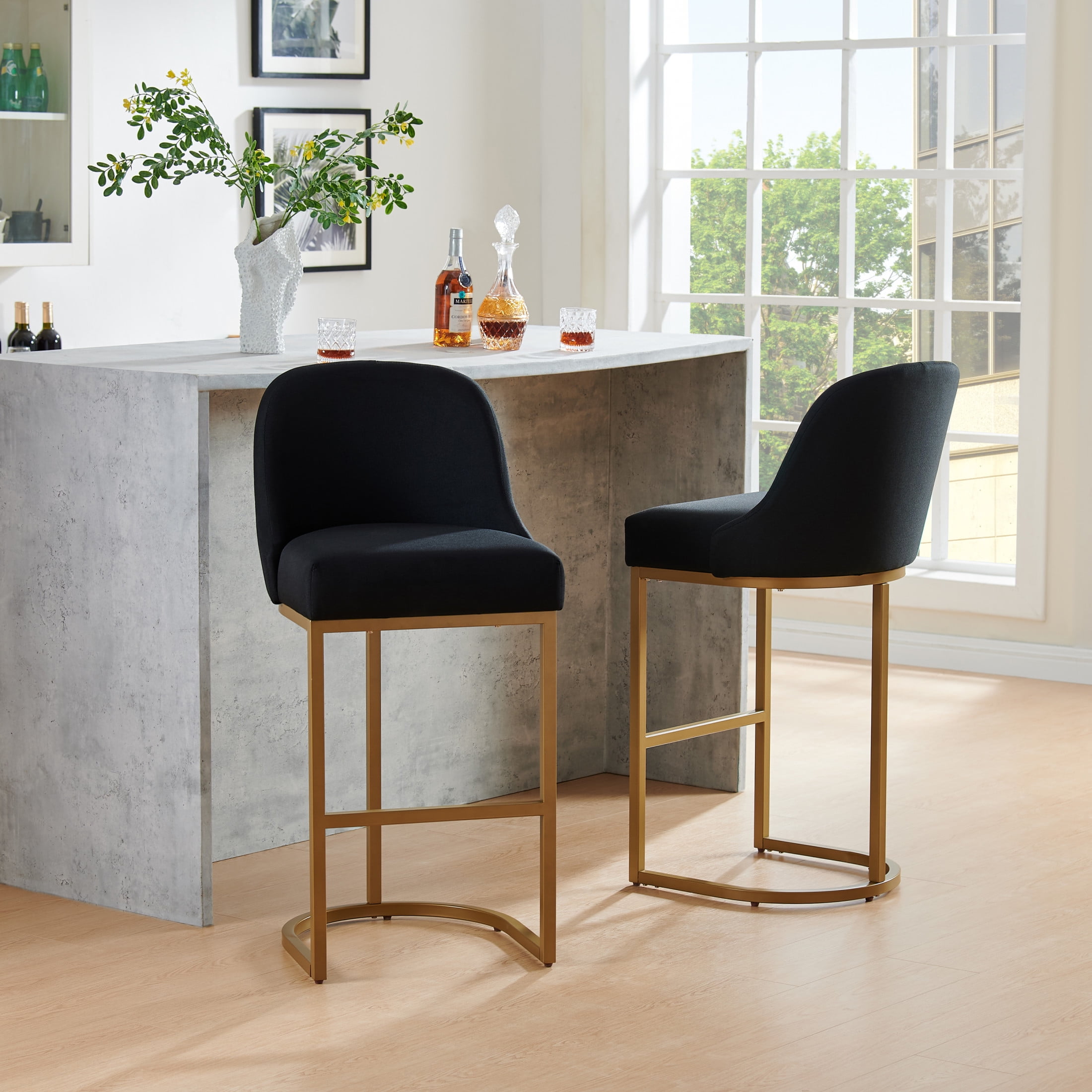 Leick Home Barrel Back Bar Stools with High Density Foam Seat, Black/Gold (Set of 2)
