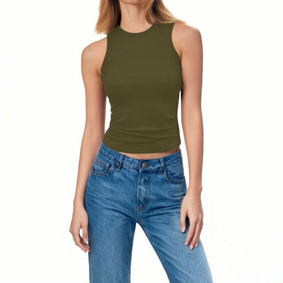 Dolkfu Tops for Women Summer Crew Neck Ribbed Athletic Tank Tops Knitted Crop Sleeveless Womens Shirts L