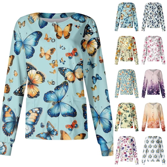 Womens Scrub Tops Long Sleeve Round Neck Floral Medical Uniform Hawaiian Wrinkle-Resist Moisture Wicking Medical Scrubs, M