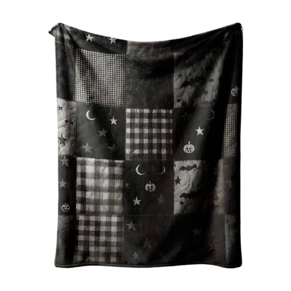 Halloween Throw Blanket with Black Plaid and Pumpkin Bat Print, Soft Fleece Throw Blanket for Couch and Fall Home Decor, Cozy Halloween Decor Gift 1 Piece