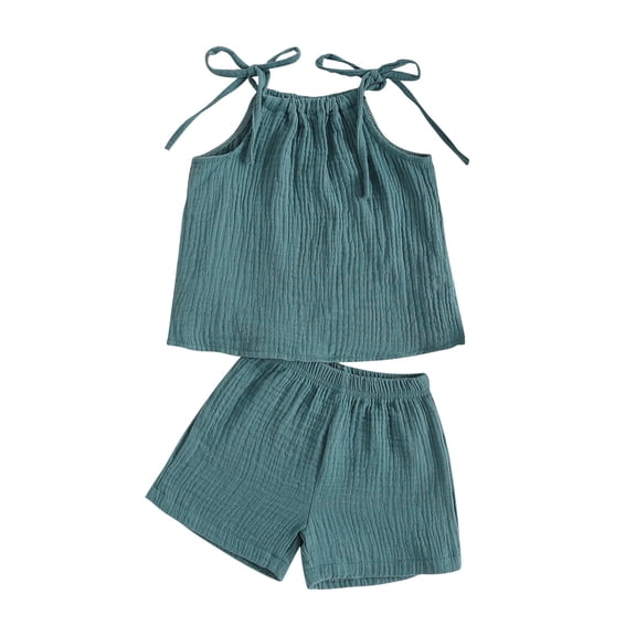 LNMQLPDBS Toddler Baby Girl Summer Clothes Solid Color Pleated Adjustable Shoulder Strap Tank Tops Shorts Outfits Set Kids Casual Loose Breathable Clothes for Sun Day Play Outdoor Blue 6-12 Months