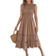 thumbnail image 3 of Women's Sleeveless Smocked Ruffle Neck Tiered Casual Flowy Midi Dress Khaki S, 3 of 10