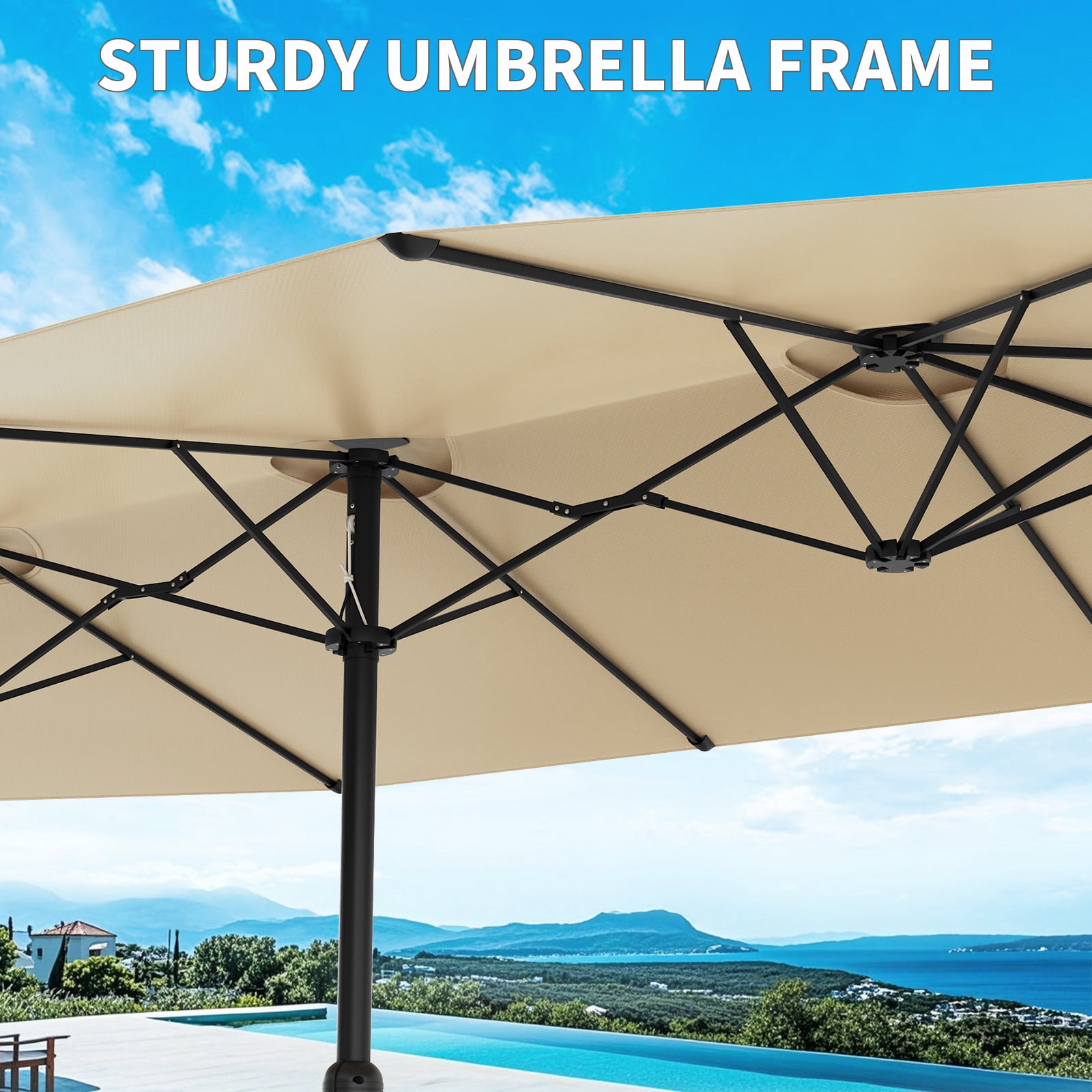 15FT Large Patio Umbrella with Base Included,Double-Sided Outdoor Market Rectangle Umbrellas Oversized Shade for 2-8 People,Weighted Base for Pool,Deck,Backyard