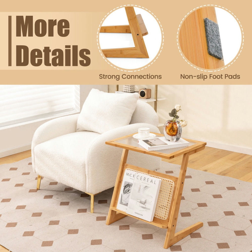 Finihen End Table, Z-shaped End Table with Magazine Rack and Rattan Shelf, Sofa Side Table, Bed Side Table, for Living Room, Bedroom, Natural Finihen End Table, Z-shaped End Table with Magazine Rack and Rattan Shelf, Sofa Side Table, Bed Side Table, for Living Room, Bedroom, Natural