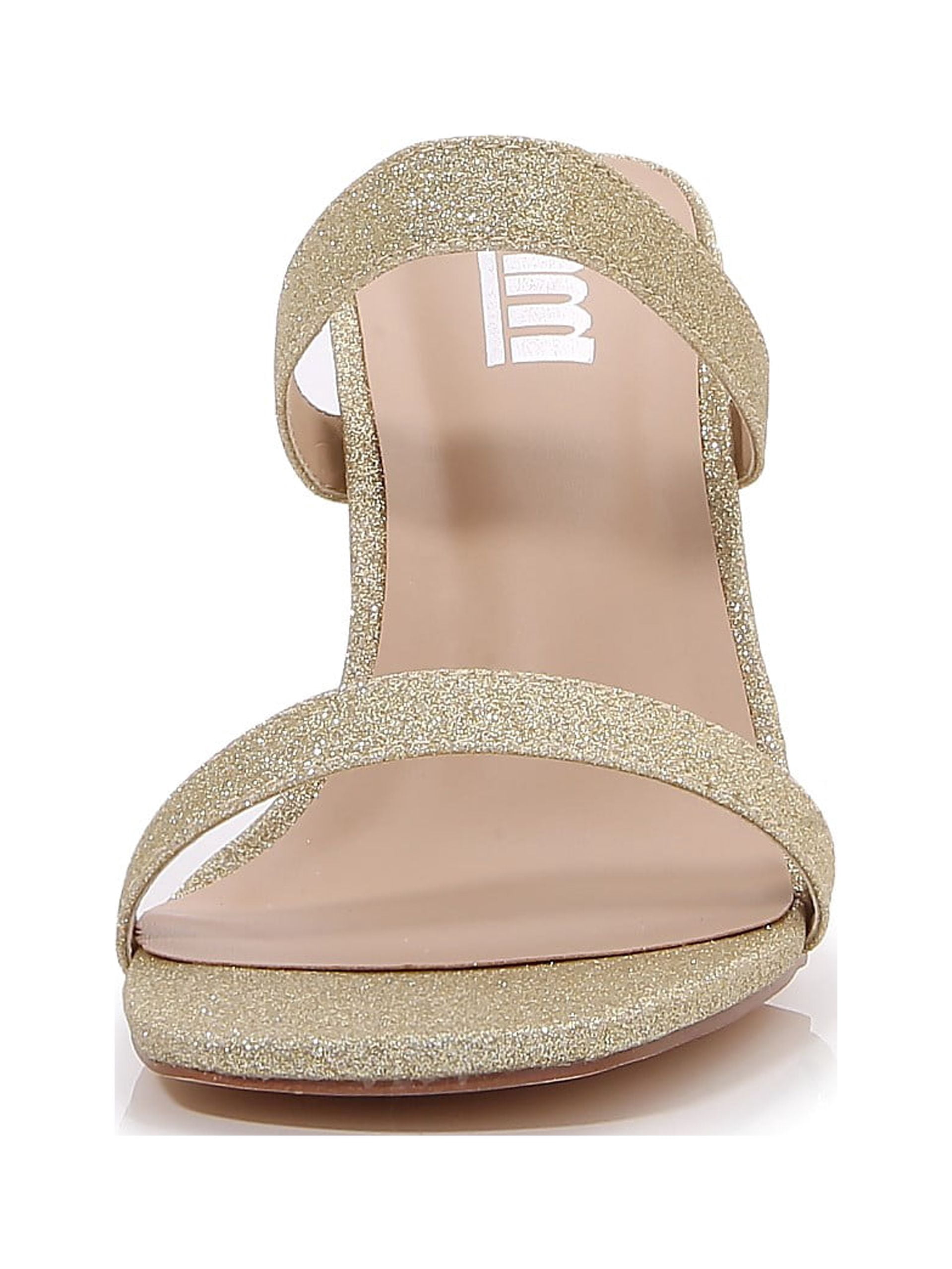 Women Double Strap High Chunky Heeled Slip On Slide Sandals (Double Glitter Gold, 11)