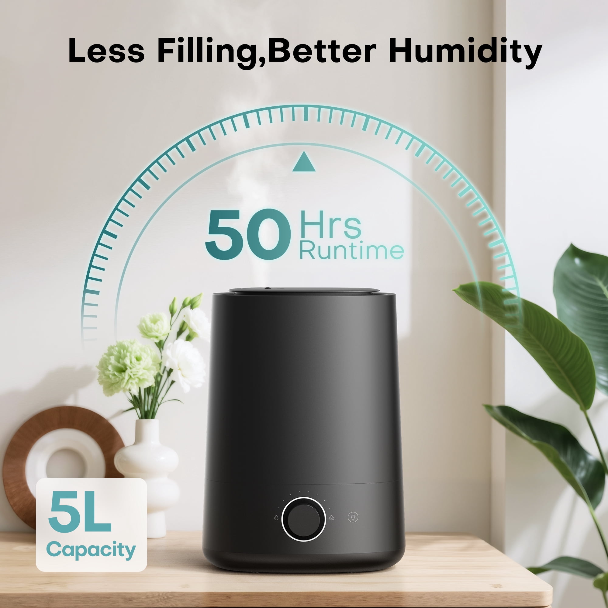ALROCKET Humidifier for Bedroom,5L Cool Mist Top-Fill Humidifier for Large Room, Baby Nursery, Plants,48H Runtime,28 dB Quiet,Oil Diffuser