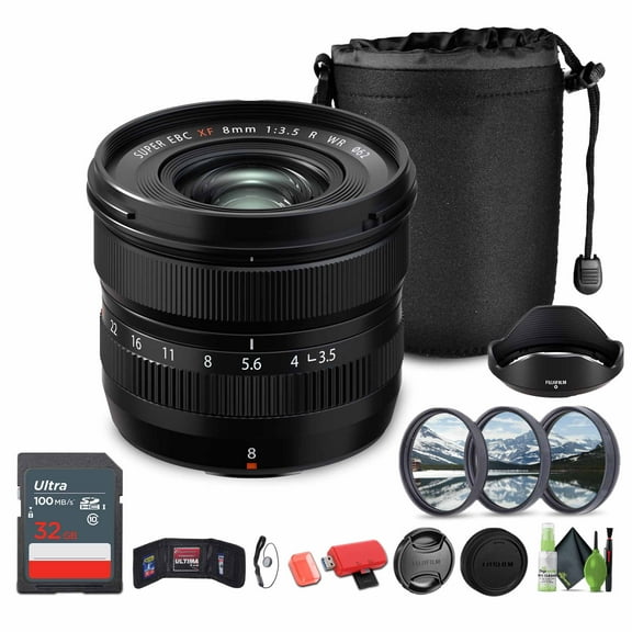 FUJIFILM XF 8mm f/3.5 R WR Lens Bundle With 32GB Memory Card   62mm 3 Piece High Resolution Filter Kit   Lens Cap Keeper   Memory Card Wallet   More