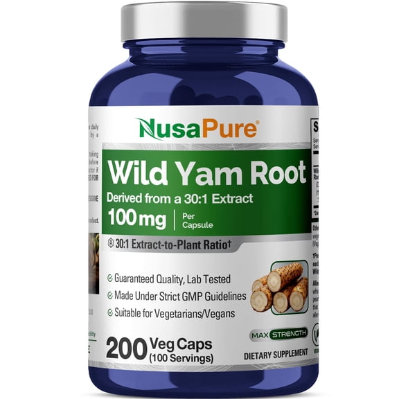 NusaPure Wild Yam Root Capsules, 100 mg, 200 Veg Capsules (Non-GMO, Vegan)