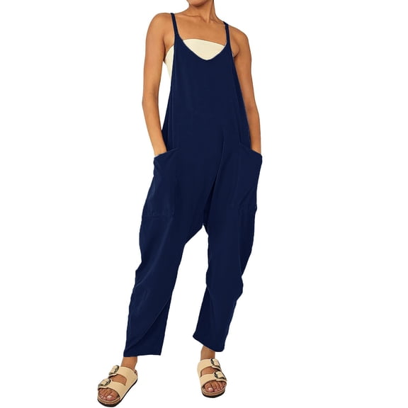 QIJUNTUO ​Women's Sleeveless Jumpsuit Romper With V Neckline Spaghetti Strap Overalls Long Pants Two Pockets Casual Summer Wear​ Dark Blue