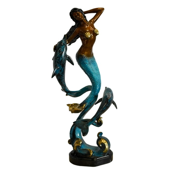Graceful Mermaid and Two Dolphins Bronze Statue 13" x 9" x 31"H