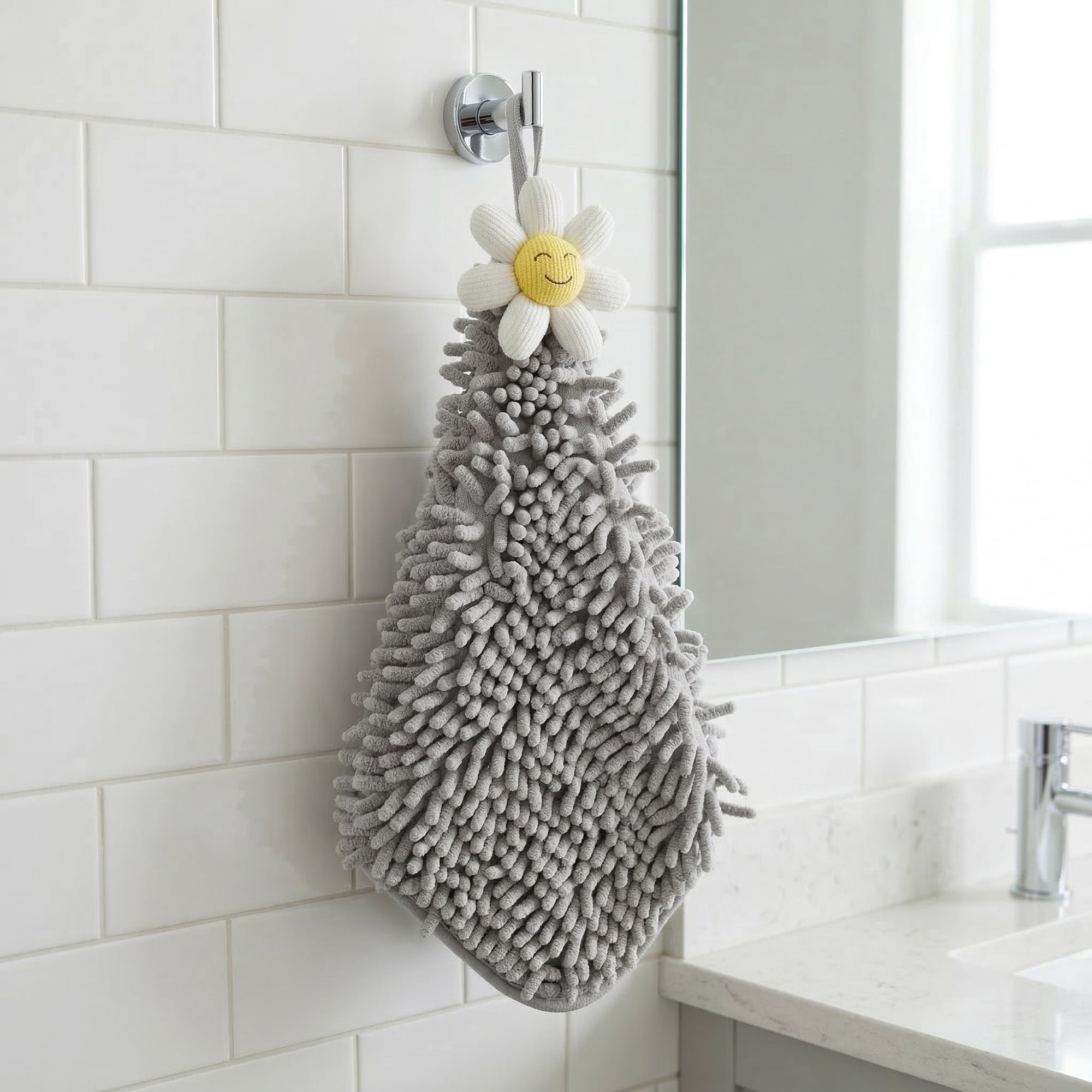 Unique Bargains Soft Absorbent Quick Dry Cute Flower Chenille Hand Towels Grey 12" x 12"