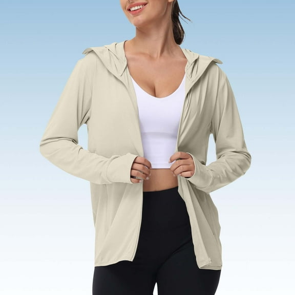 Beige Tshirts for Women's Sun Shirts Jacket Zip Up Hoodie Long Sleeve Summer Ice Outdoor with Pockets Summer Tops