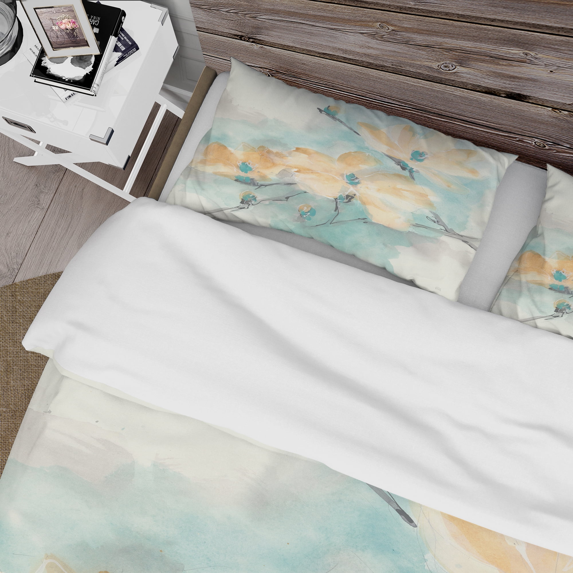 Designart 'Teal Buds II' Traditional Duvet Cover Set