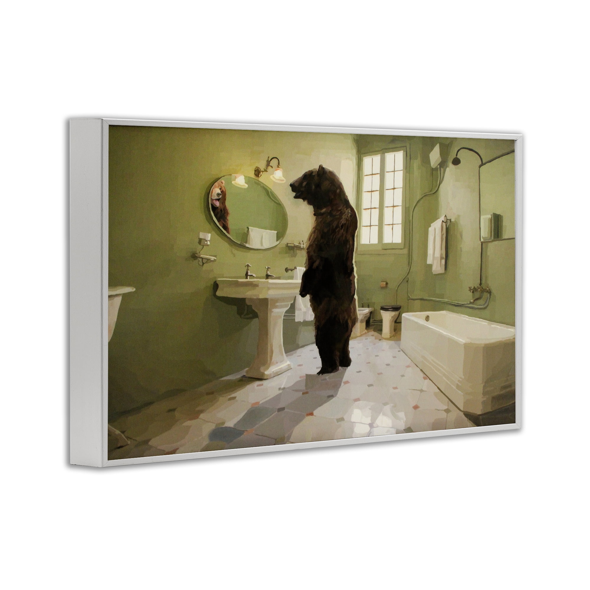 The Houseguest Bear in Bathroom White Framed Giclee Art, design by Keith Thomson