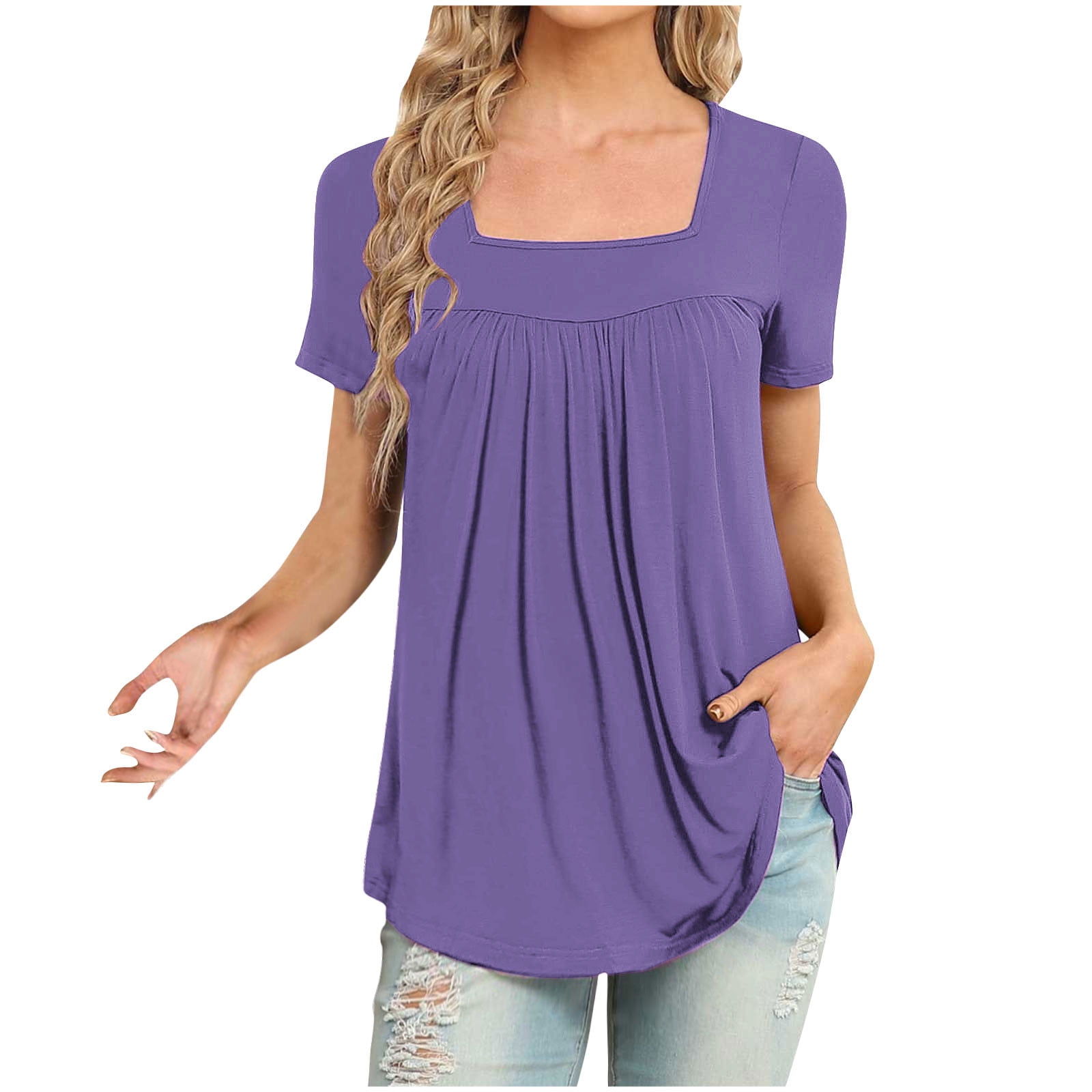 Timegard Hauts d'Été pour Femmes Manches Courtes Col Carré T-Shirts Plissés Tunique Décontractée Habillée pour Leggings