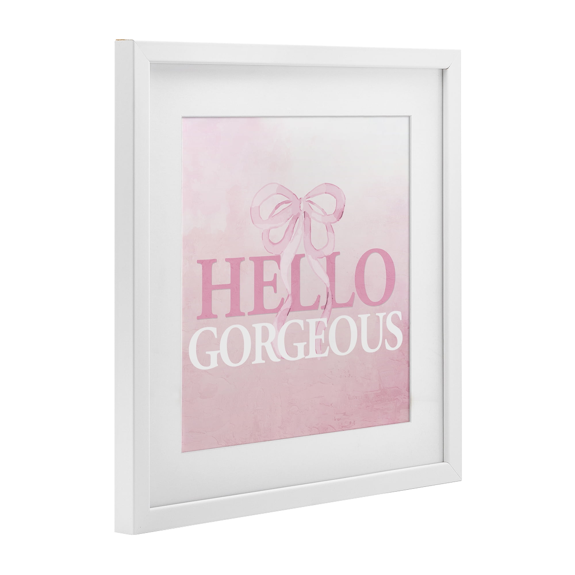 Feminine Hello Gorgeous White Framed Print Under Glass, design by Kim Allen