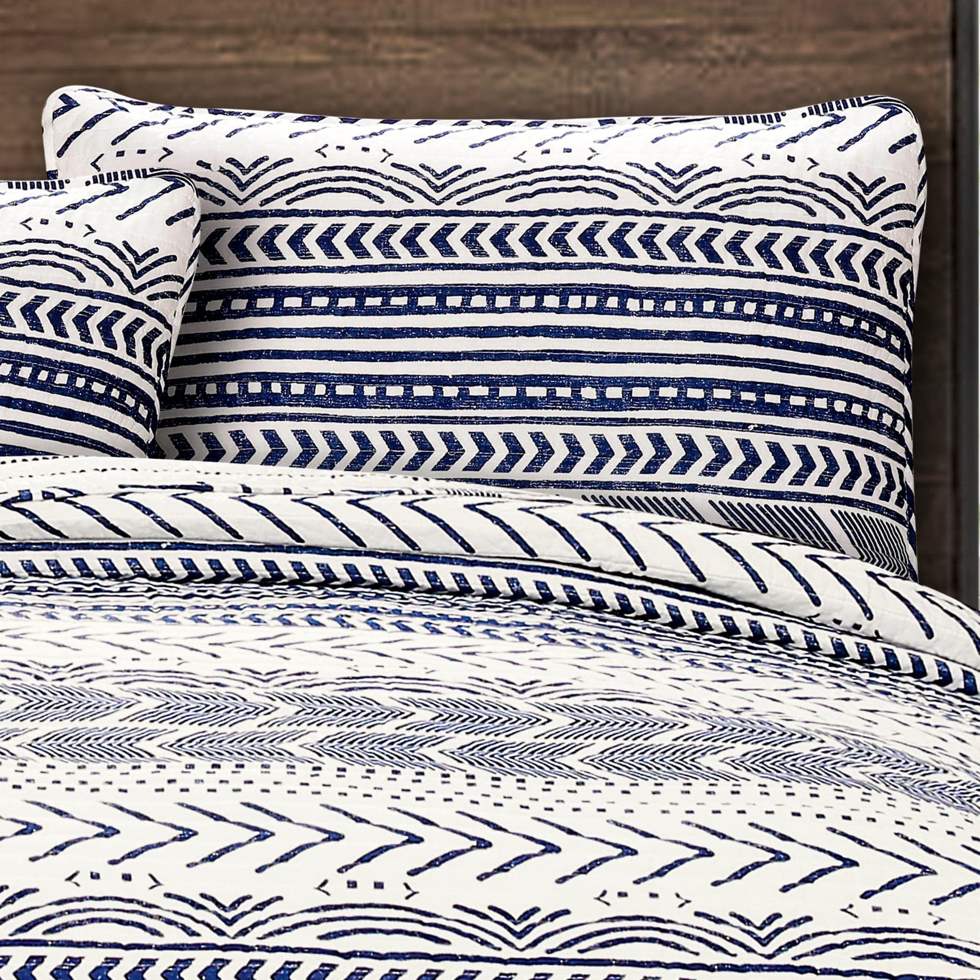 Lush Decor Hygge Geo Cotton Reversible Quilt, Full/Queen, Geometric Print, Navy/White, 3-pc set includes: 1 Quilt, 2 Pillow Shams