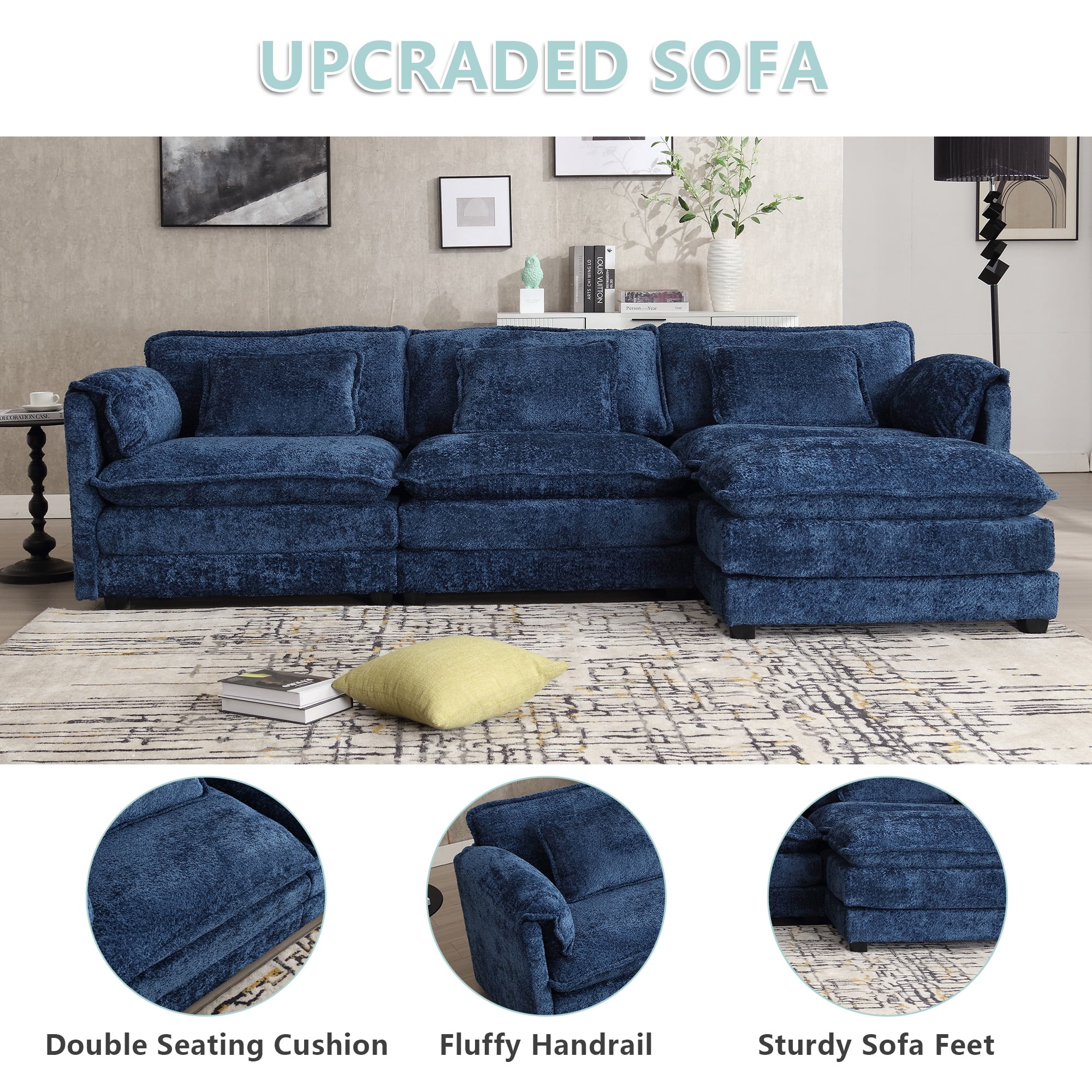 MOONMISS Chenille Upholstered L-Shape Comfy Oversized Modular Sectional Sleeper Sofa with Moveable Ottoman-Navy Blue