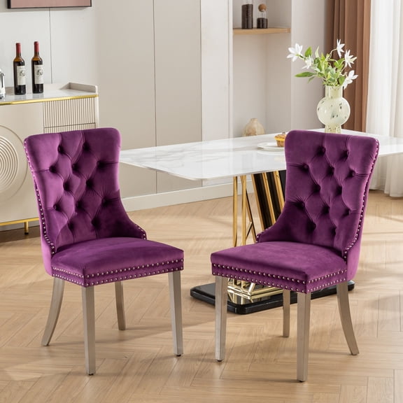 Purple Velvet Upholstered Dining Chairs Set of 2 with Handmade Backrest and Cushion for Dining