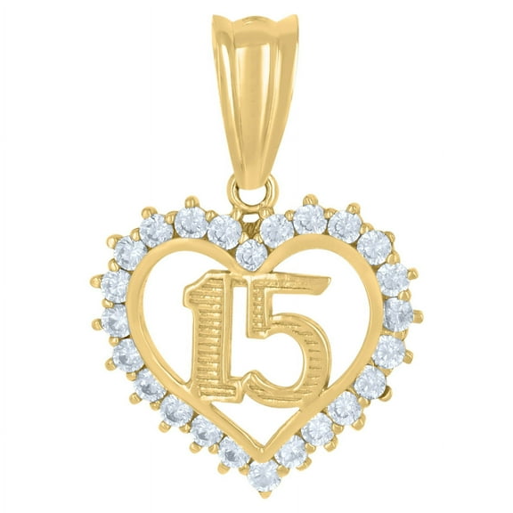 Auriga Fine Jewelry 10K Yellow Gold CZ Anos 15 Heart Quinceanera Charm Pendant Valentine's Day Gift for Women