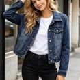 thumbnail image 4 of Jackets With Pockets Women's Collar Long Sleeved Solid Color Hatless Button Pocket Denim Jacket Outwear Navy M, 4 of 9