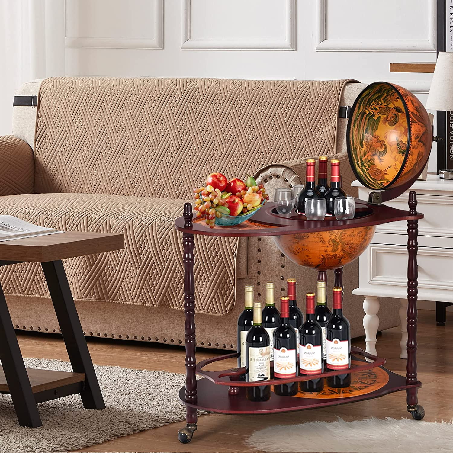 Globe Bar 34.5 Globe Bar Liquor Cabinet with Wheels Bottom Shelf Old World Map 16th Century Italian Replica Bar Globe Retro Wine Stand Globe Bar Cart for Dining Room Living Room Home