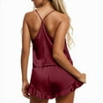 thumbnail image 3 of Womens Pajama Sets Silk Satin Solid Color Sexy Spaghetti Strap V Neck Ruffled Camisole With Shorts Two Piece Pajamas For Women Set Sleepwear Daily-Wear,Wine,XL, 3 of 6