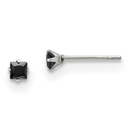 Stainless Steel Polished 3mm Black Square CZ Stud Post Earrings