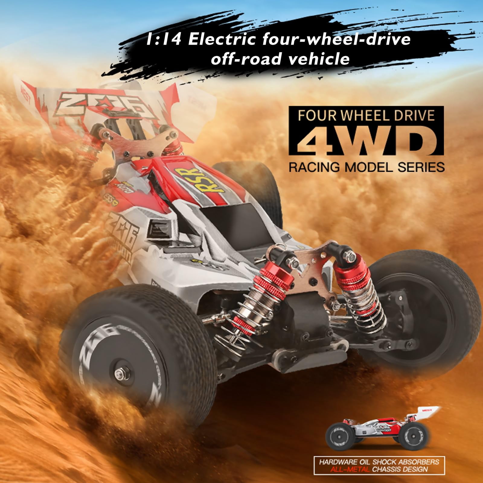 WLtoys 144001 RC Car, 4WD 2.4GHz 60km/h High Speed Remote Control Car Off-Road RC Trucks, 1:14 Scale RC Buggy with RTR Aluminum Alloy Chassis 550 Motor