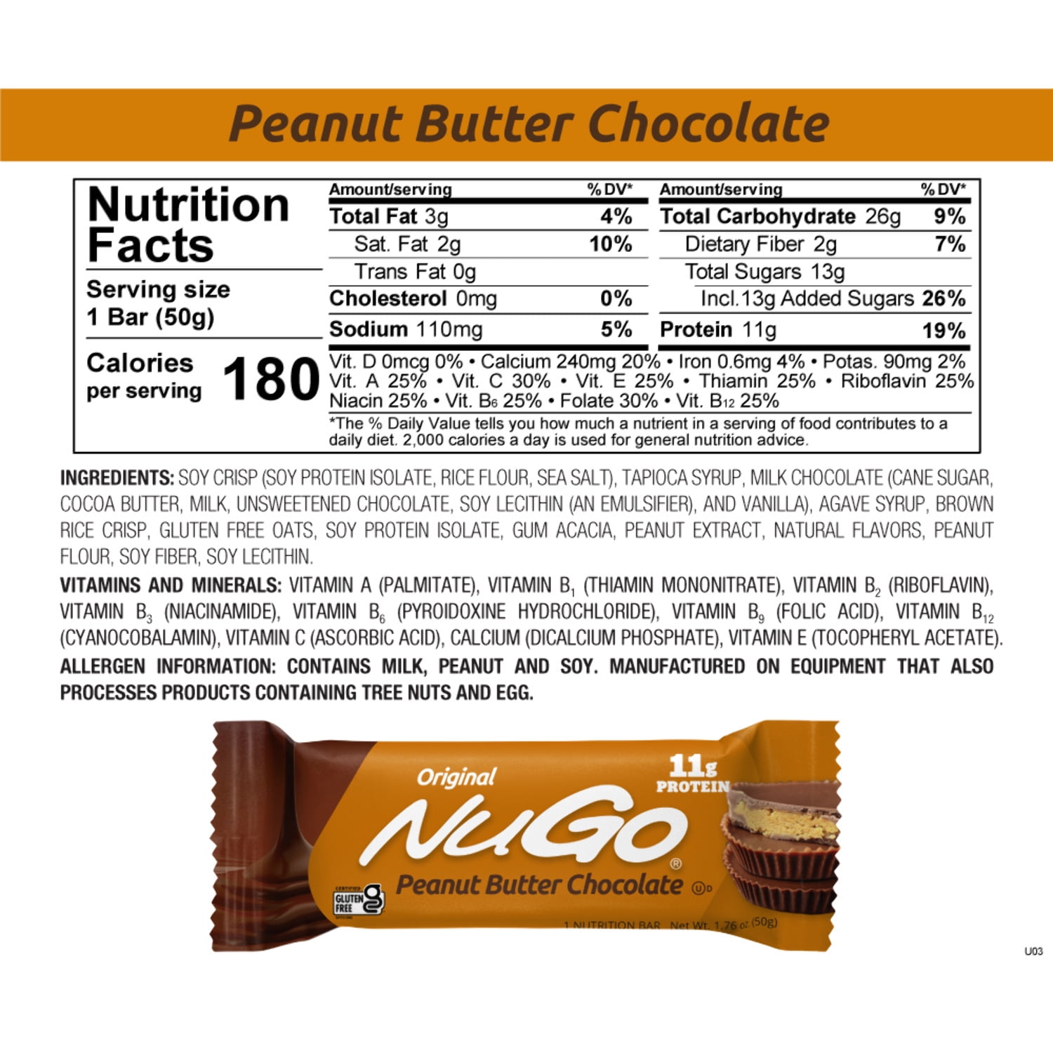 NuGo Original Variety, Vanilla Yogurt 15 bars  Peanut Butter 15 bars, 11g Protein, Gluten Free, 30 Count