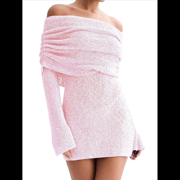 Vestido Elegante Tipo Suéter de con Hombros Descubiertos para Mujer, Ajustado, de Larga y Crochet Rosa M
