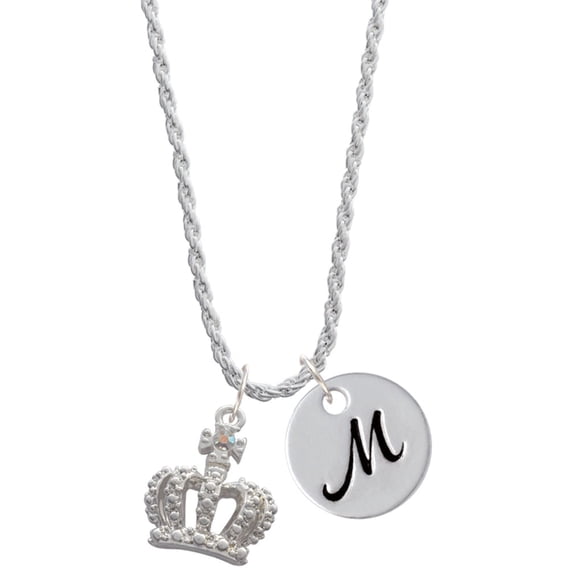 Delight Jewelry Silvertone Crown with AB Crystal Silvertone Script Initial Disc - M - Charm Necklace, 20"+3"