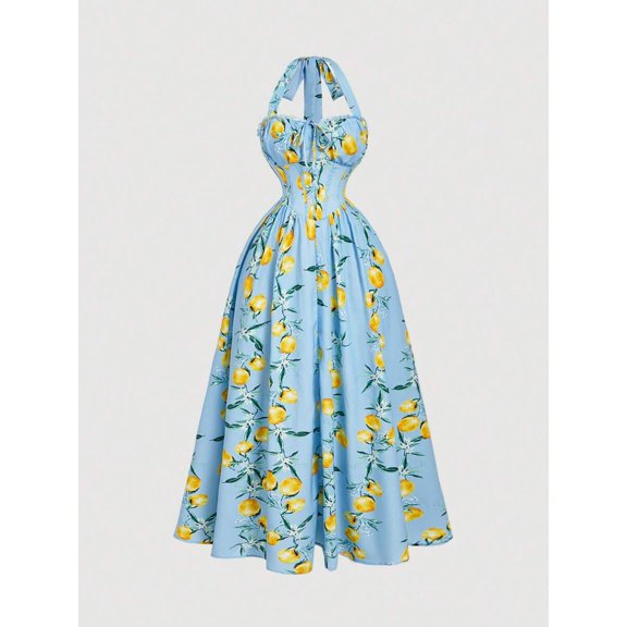 Blue Lemon Print Sleeveless Halter Midi Dress With Pleated Waist, Elegant Tea Party & Summer Occasion Dress