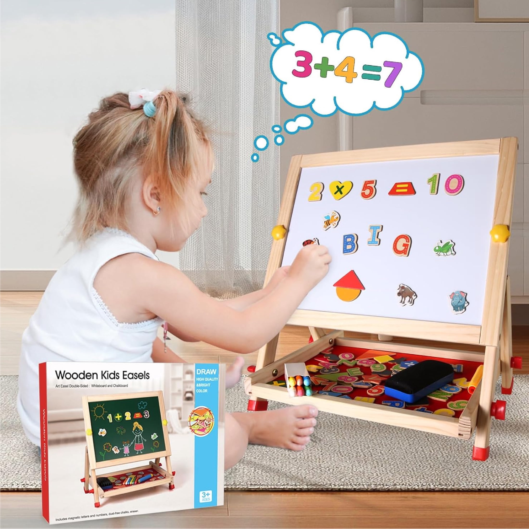 Ealing Kids Wooden Easel Double-Sided Tabletop Drawing Board Magnetic Whiteboard Chalkboard, with Letters Numbers  & Art Supplies, Preschool Learning Toys for  Boys Girls Ages 3+