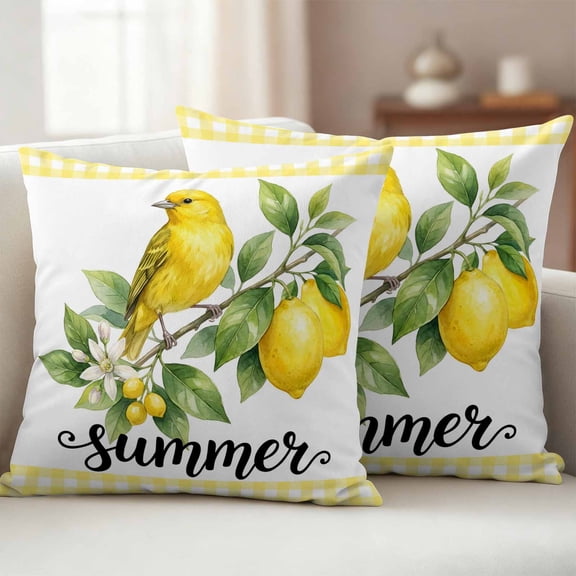 Summer Lemon Outdoor Waterproof Throw Pillow Covers 20x20 Set of 2, Farmhouse Fruits Birds Leaves Plants Yellow Plaid Pillowcases Cushion Pillowcase for Couch Sofa Patio Outside Pillow Protector