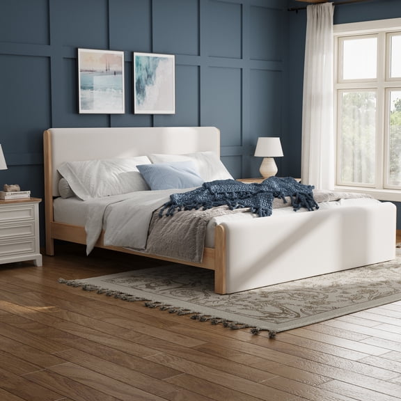 Christopher Knight Home King Size Natural Wood Bed frame With Beige Upholstered Headboard and Footboard
