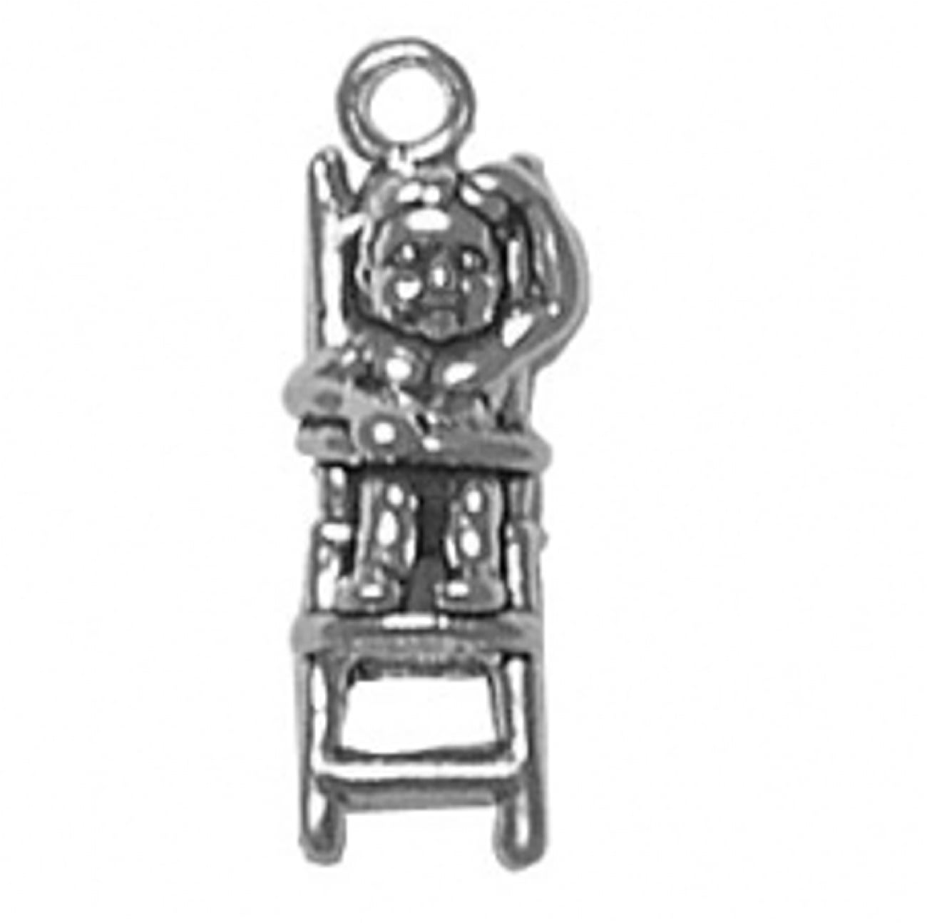 Sterling Silver Charm Bracelet With Attached 3D Baby Sitting In High Chair With Hand On Head Charm 