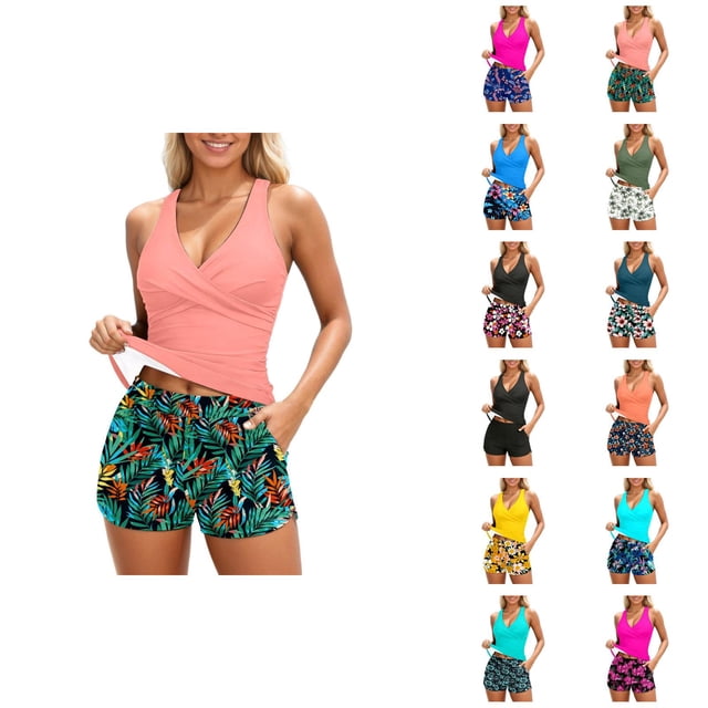 Womens Tankini Swimsuits 2026 Fashion Modest Deep V Neck Crossover Top with Swim Shorts Two Piece Bathing Suits Woman