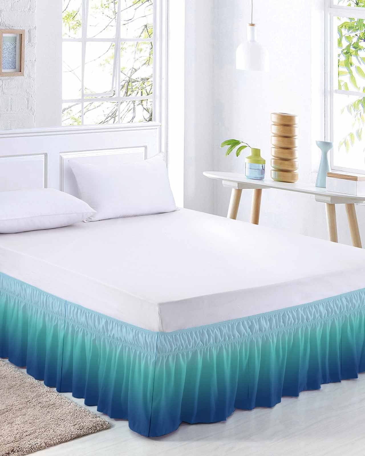 Teal Blue Ombre Bed Skirt Queen Size, Modern Abstract Art Gradient Aesthetics Wrap Around Bed Skirting with Adjustable Elastic Strap, Dust Ruffle Pleated Bedskirts 18 Inch Drop for Bedroom Queen Beds