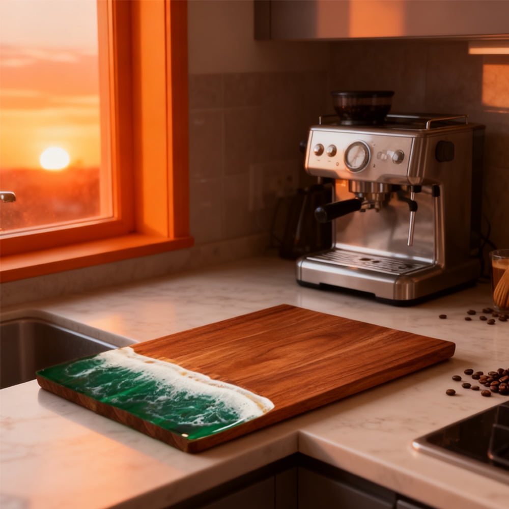 GZCMXH 14.17 inch Acacia Wood Cutting Board, with Unique Green Resin, Natural Wood Grain, Suitable for Wedding/Chef's Gifts