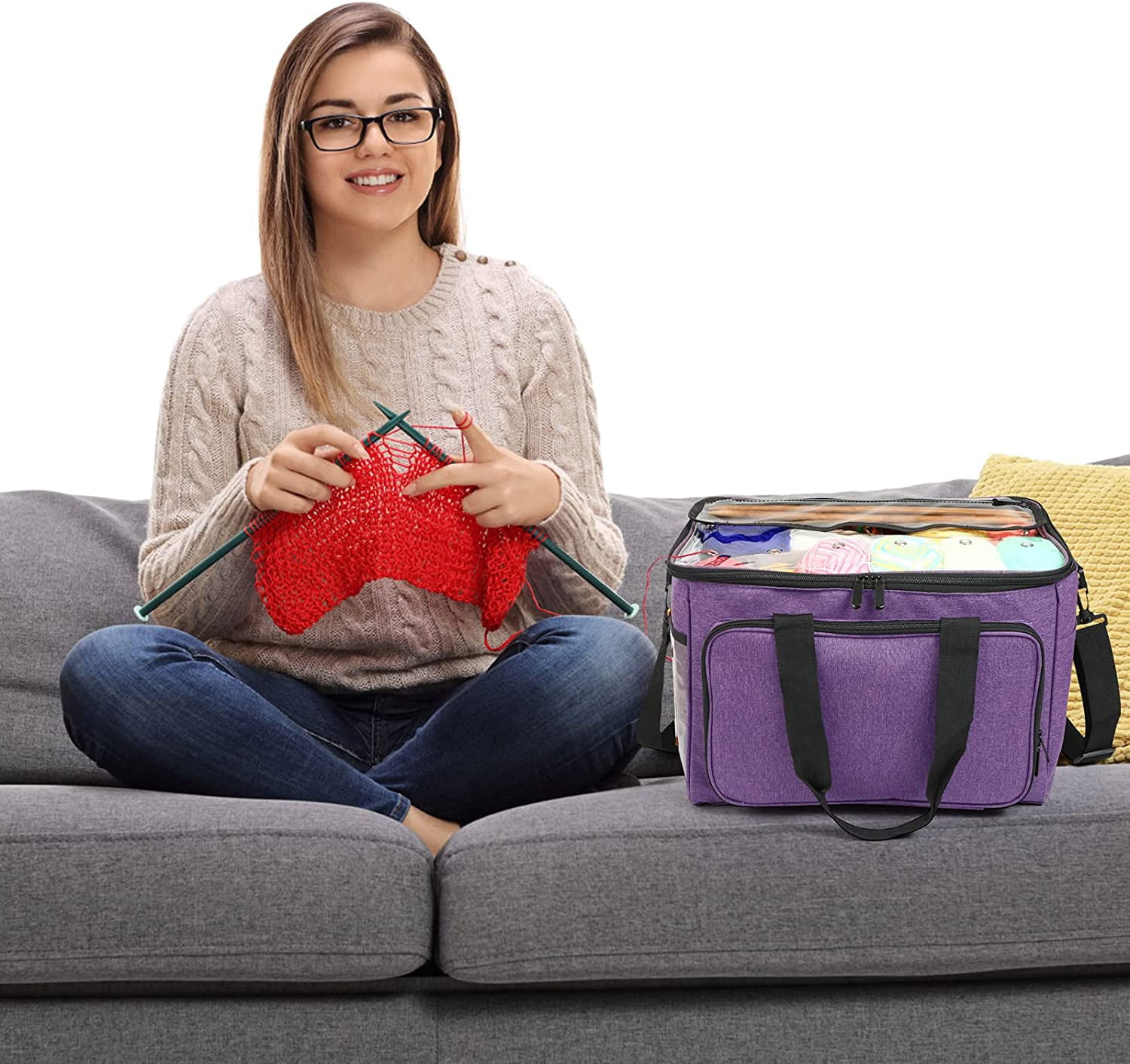 Knitting Bag,Naler Large Capacity Yarn Storage Bag,Purple Yarn Totes for Crochet Hooks,Needles,Yarns