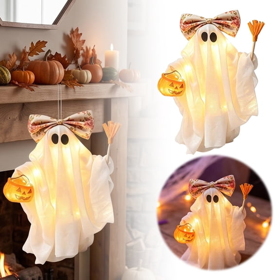Halloween Glowing Ghost Figurine With Bow, Pumpkin And Broom, Led Light Up Tabletop Decor For Fall Party, Spooky Holiday Ornament For Home,White,35Cm