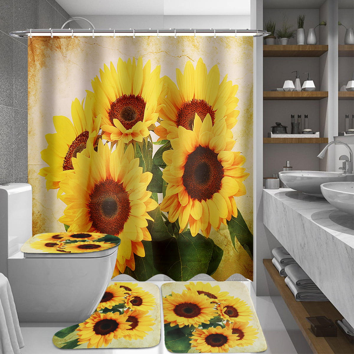 1/3/4Pcs Sunflower Printing Bathroom Shower Curtain Set Toilet Cover Bath M 