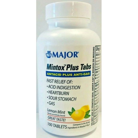 Major Mintox Plus Antacid Plus Anti-Gas Tabs, Lemon Mint, 100 Count - Pack of 2