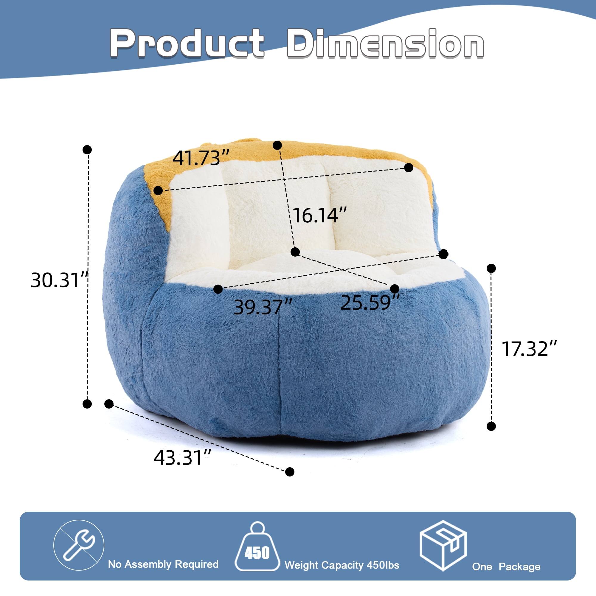 Tcbosik Bean Bag Chairs for Adults, Faux Fur Lounge Chair for Living Room, Bedroom, No Assembly Needed, Blue+White+Yellow