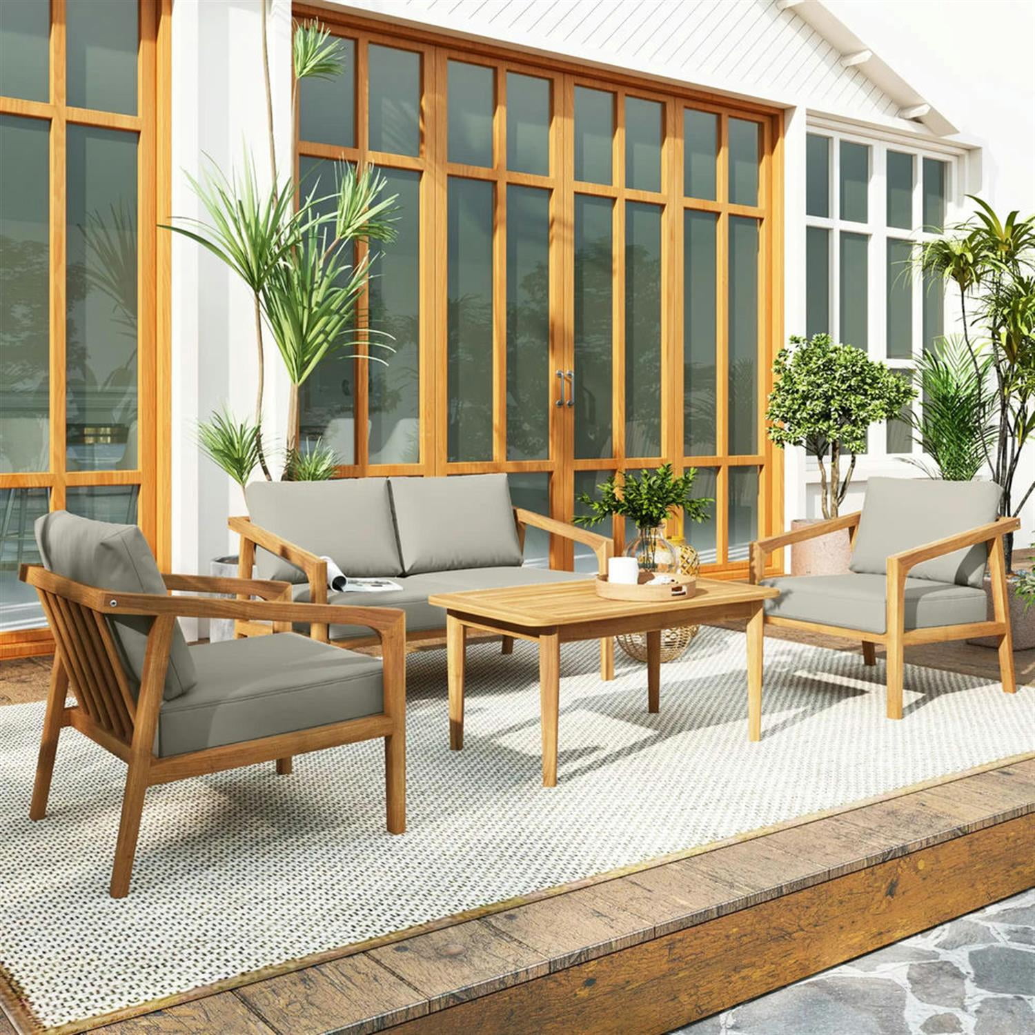 Demi Bonn 48" Acacia Wood Outdoor Sofa Set, Durable Teak Conversation Set with Thick Cushions for Garden & Patio, Brown