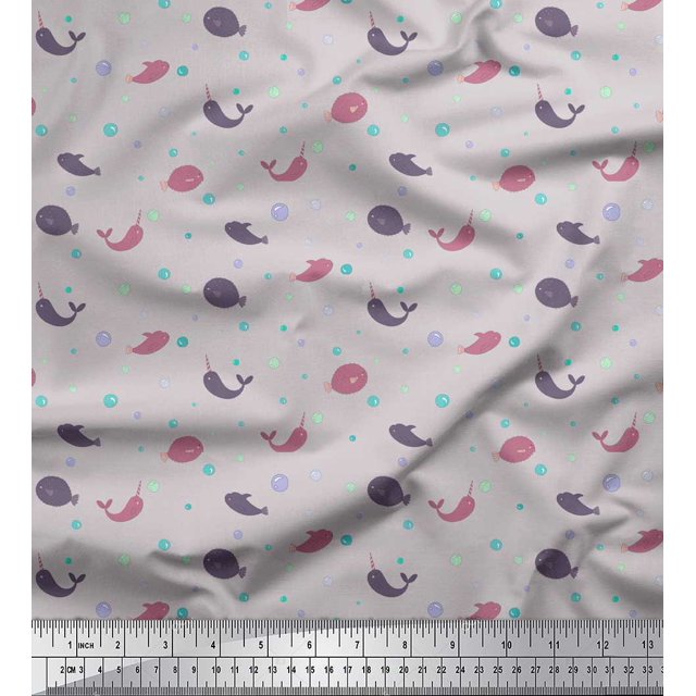 Soimoi Gray Cotton Duck Fabric Prickly Fish & Dolphin Ocean Decor Fabric Printed Yard 56 Inch Wide