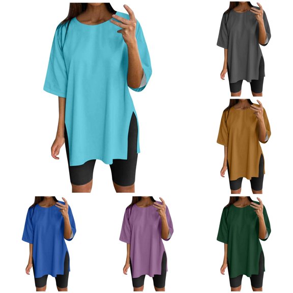 HCYSFG Womens Oversized T Shirts Crewneck Short Sleeve Side Slit Detail Casual Tees Loose Fit Summer Tunic Classic Everyday Tops