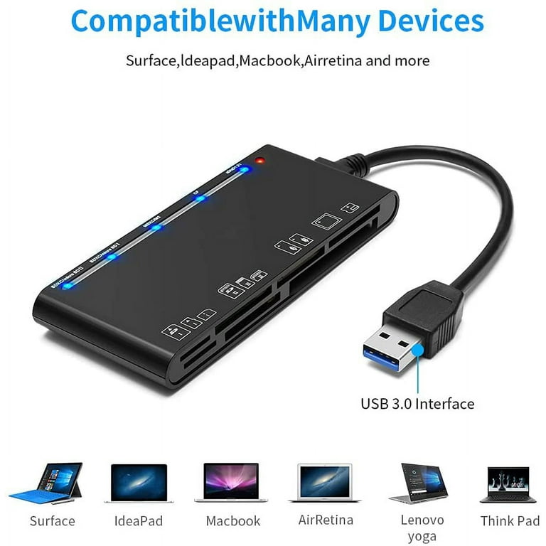 Insten Card Reader Usb 3.0 With Usb A Cable, 6 In 1 Compatible With Sd,  Microsd, Tf, Ms, Cf, Xd, And M2 Cards, Black : Target